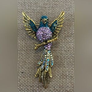 Parrot Brooch Pin Fashion Jewelry Gold Tone Purple Blue Aurora Borealis Tail